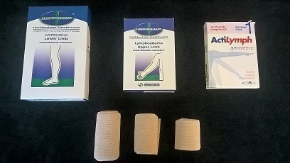 Compression bandaging packs for lower and upper limb lymphoedema, an arm sleeve box and bandage rolls